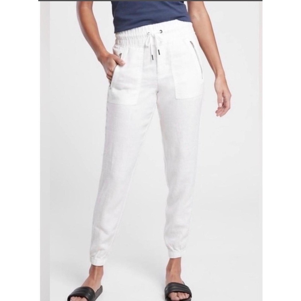 Athleta Cabo Linen Jogger White Smocked Waist Pants Size 10